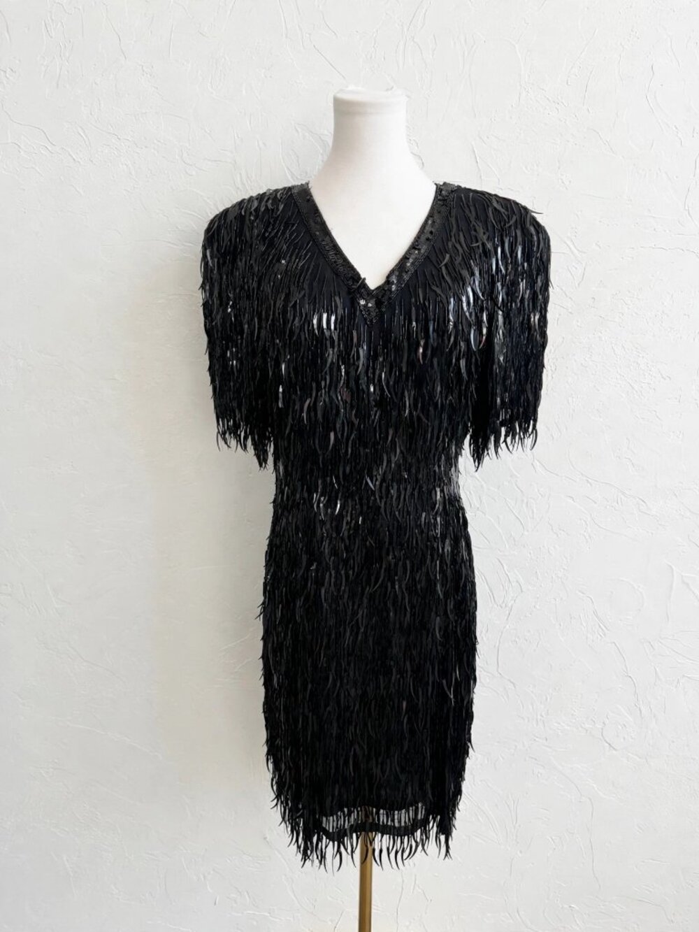 Vintage Silk Sequin Fringe Dress 14 Black Paillette Beaded 80s Glam Party